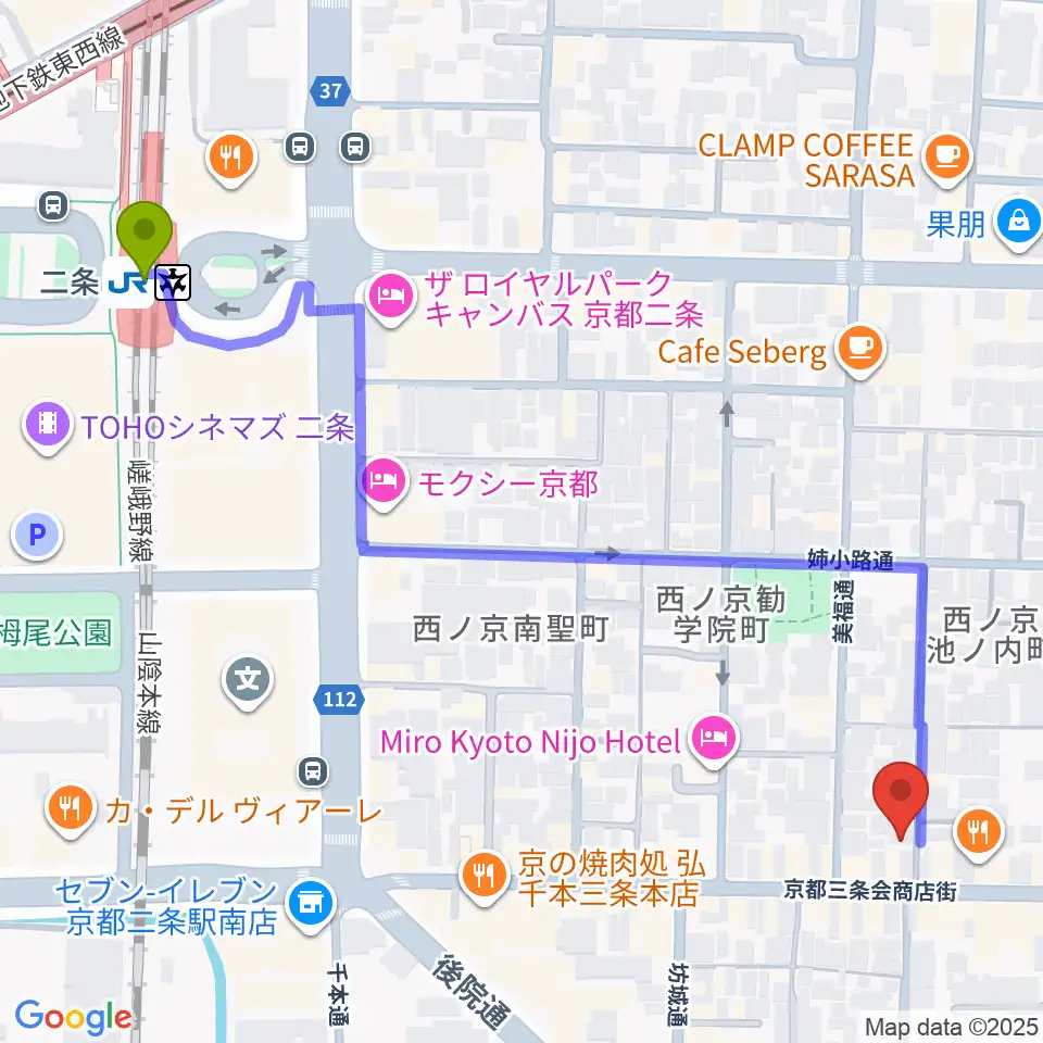 森ピアノ教室の最寄駅二条駅からの徒歩ルート（約7分）地図
