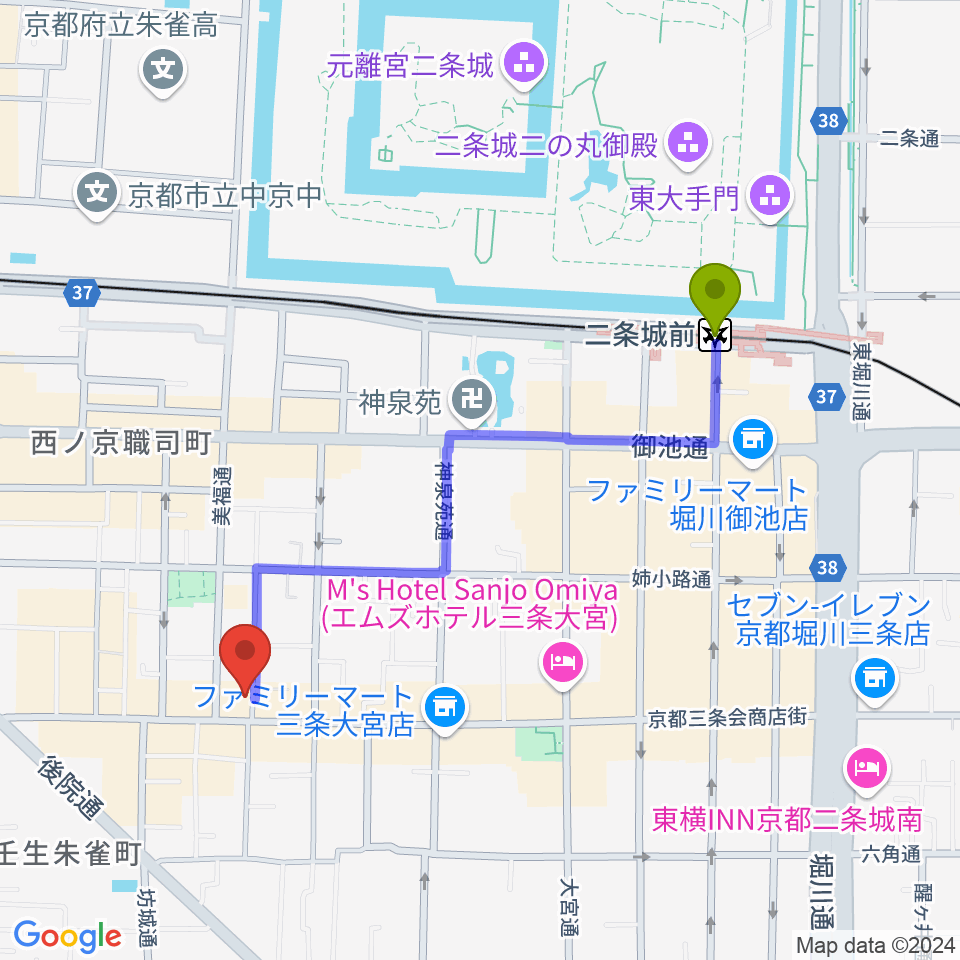 二条城前駅から森ピアノ教室へのルートマップ地図