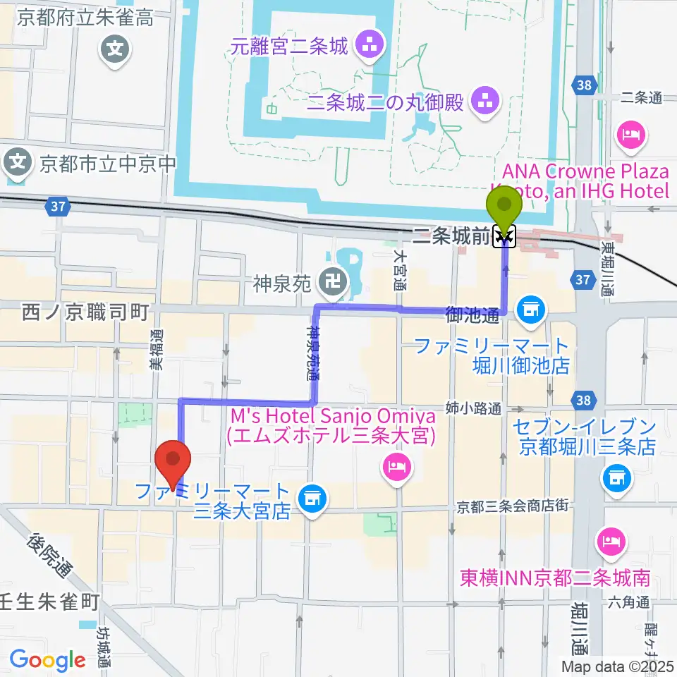 二条城前駅から森ピアノ教室へのルートマップ地図