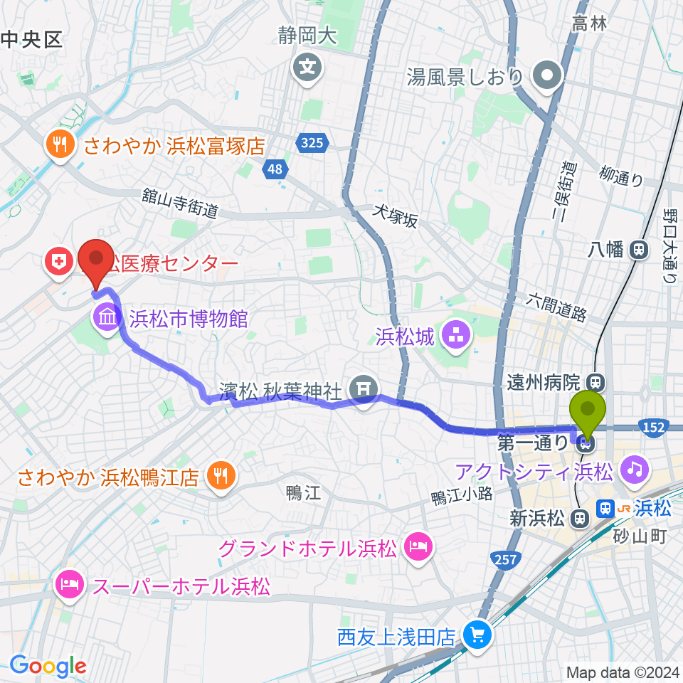 第一通り駅から夢・汎ホールへのルートマップ地図