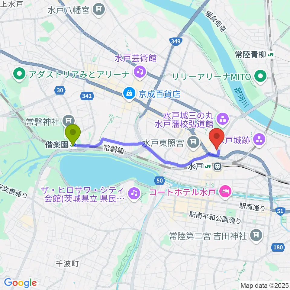 偕楽園駅から駿優教育会館大ホールへのルートマップ地図