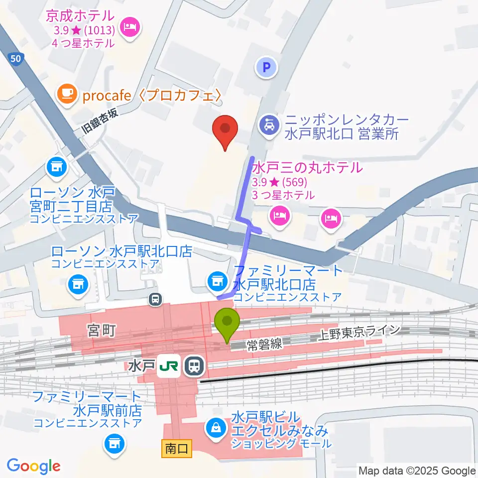 駿優教育会館大ホールの最寄駅水戸駅からの徒歩ルート（約3分）地図