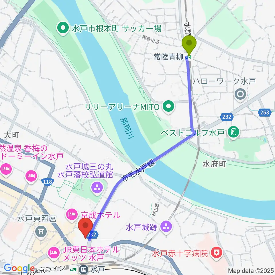 常陸青柳駅から駿優教育会館大ホールへのルートマップ地図