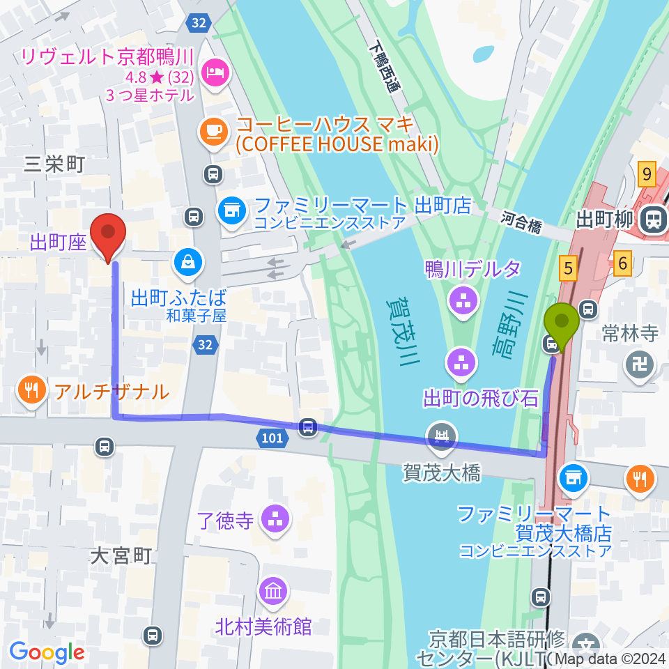 出町座の最寄駅出町柳駅からの徒歩ルート（約5分）地図