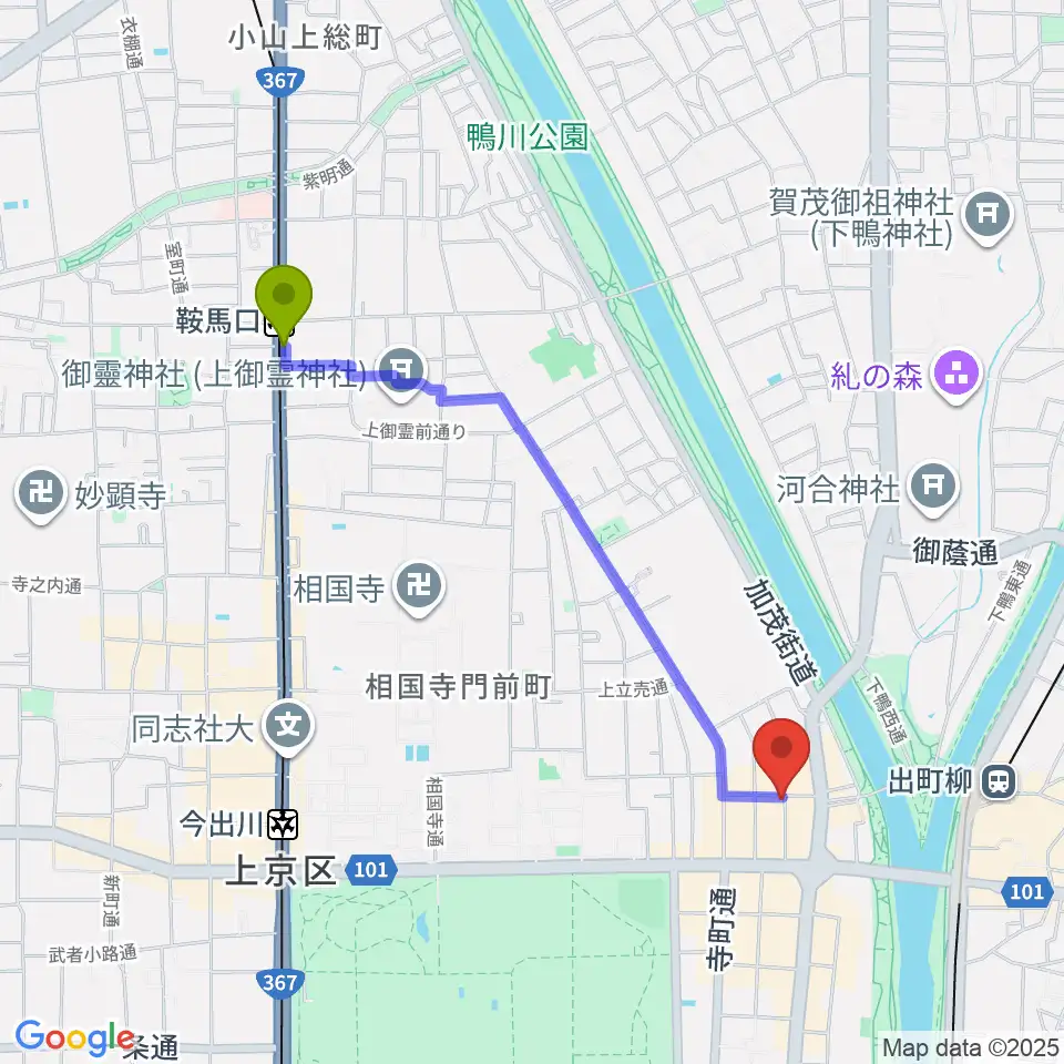 鞍馬口駅から出町座へのルートマップ地図