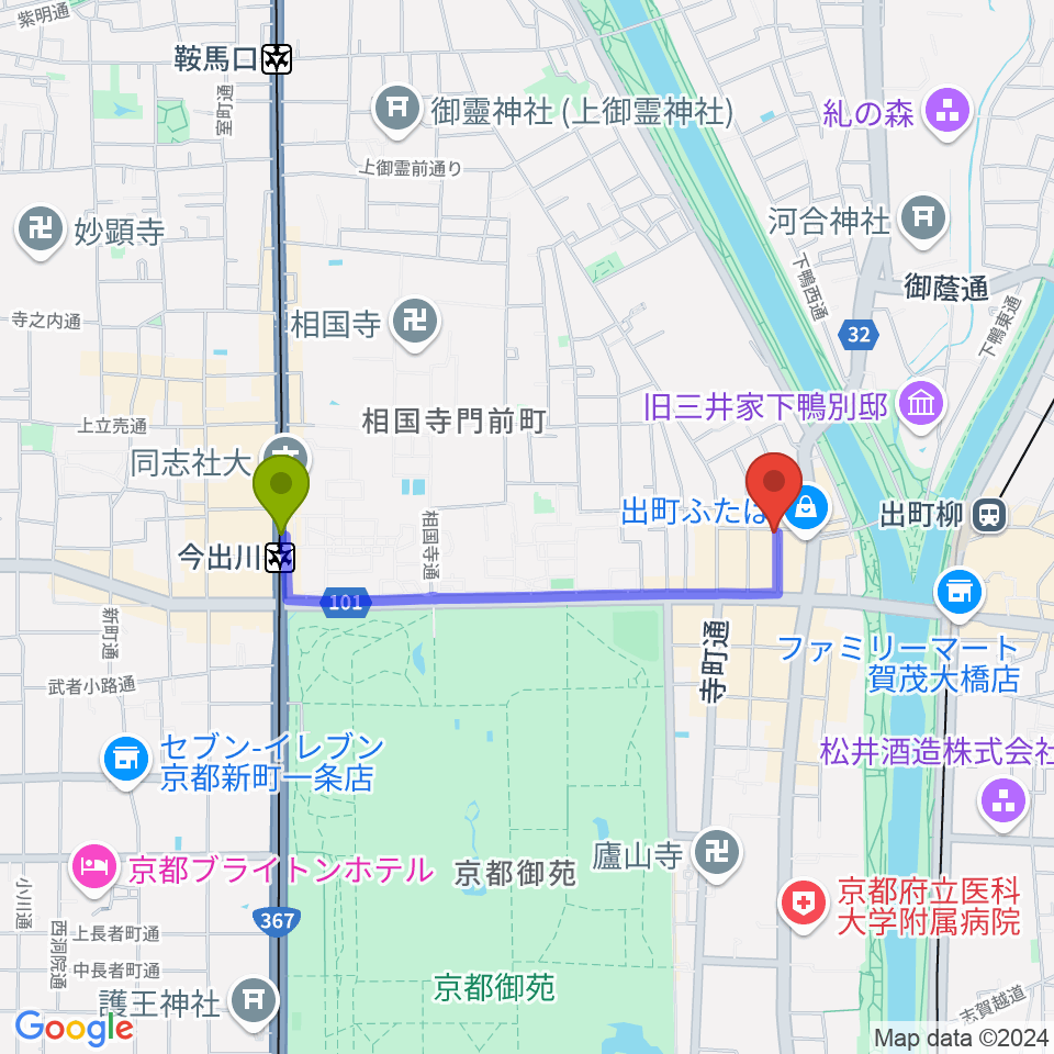 今出川駅から出町座へのルートマップ地図