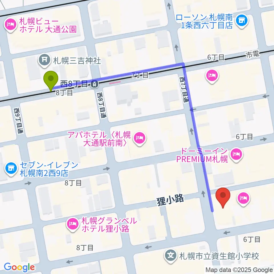 西８丁目駅からシアターキノへのルートマップ地図