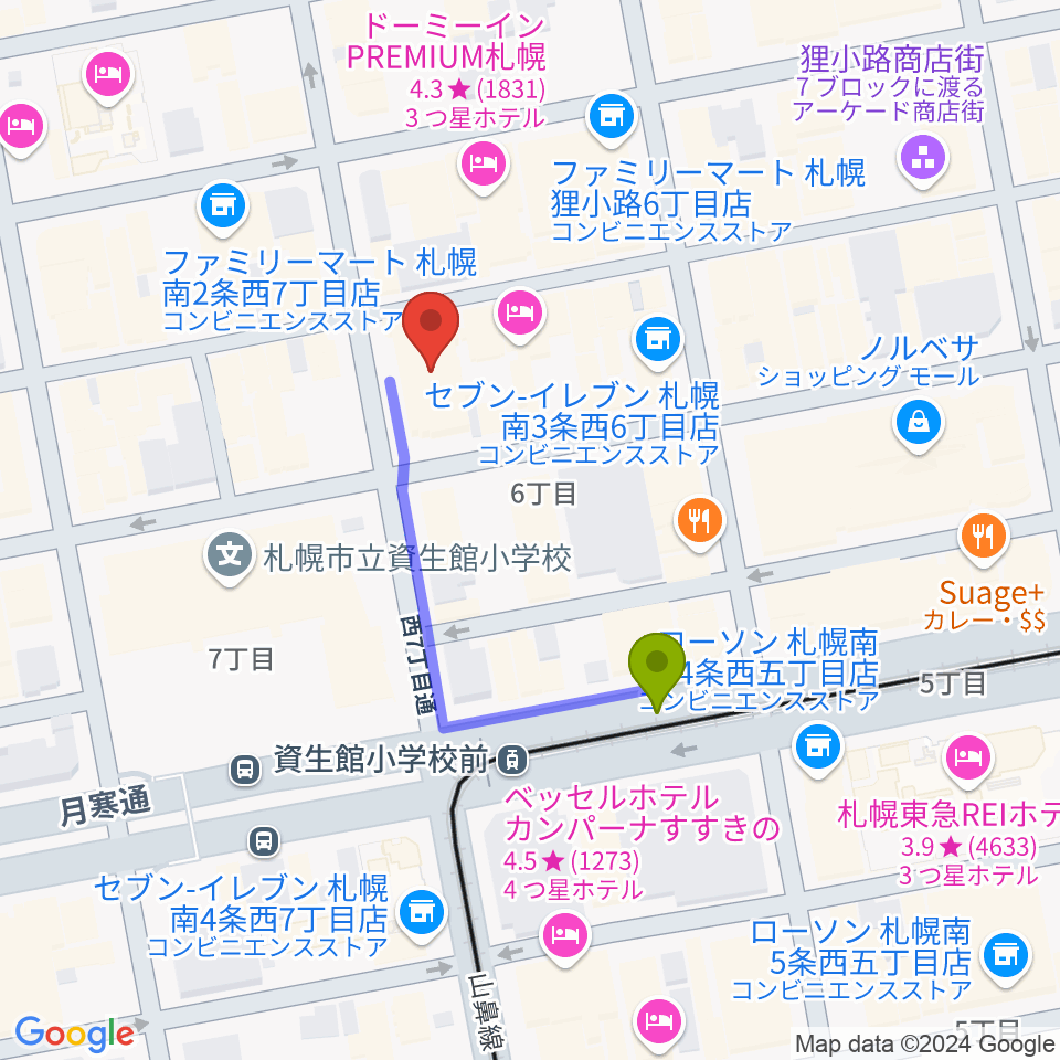 シアターキノの最寄駅資生館小学校前駅からの徒歩ルート（約3分）地図