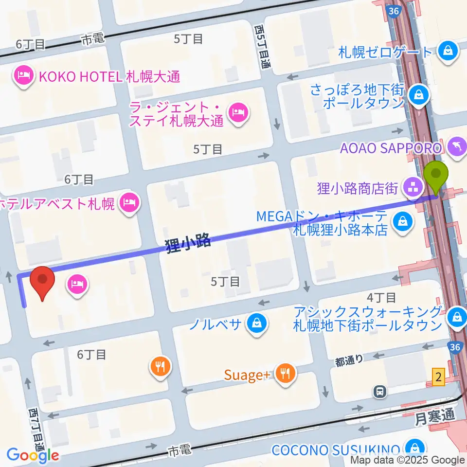 狸小路駅からシアターキノへのルートマップ地図