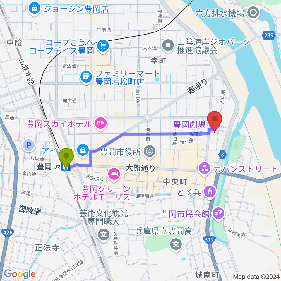 豊岡劇場の最寄駅豊岡駅からの徒歩ルート（約17分）地図