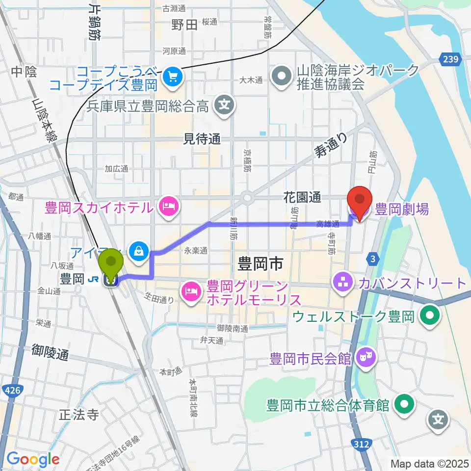 豊岡劇場の最寄駅豊岡駅からの徒歩ルート（約17分）地図