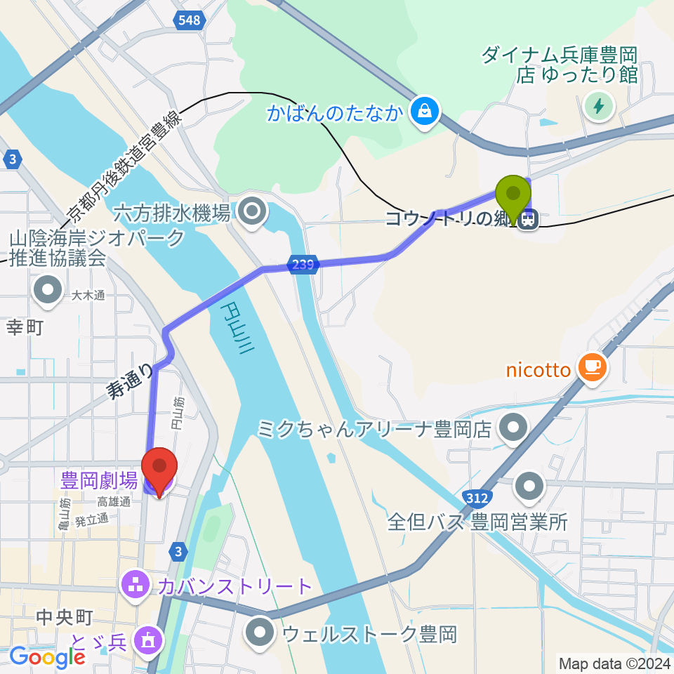 コウノトリの郷駅から豊岡劇場へのルートマップ地図