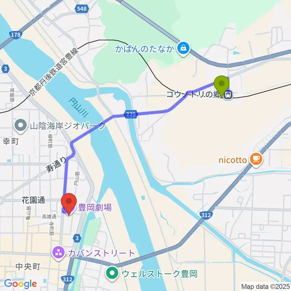 コウノトリの郷駅から豊岡劇場へのルートマップ地図