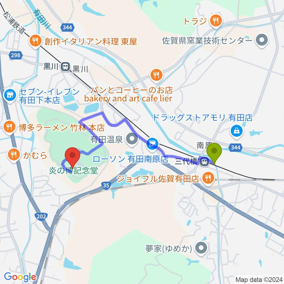 三代橋駅から炎の博記念堂へのルートマップ地図