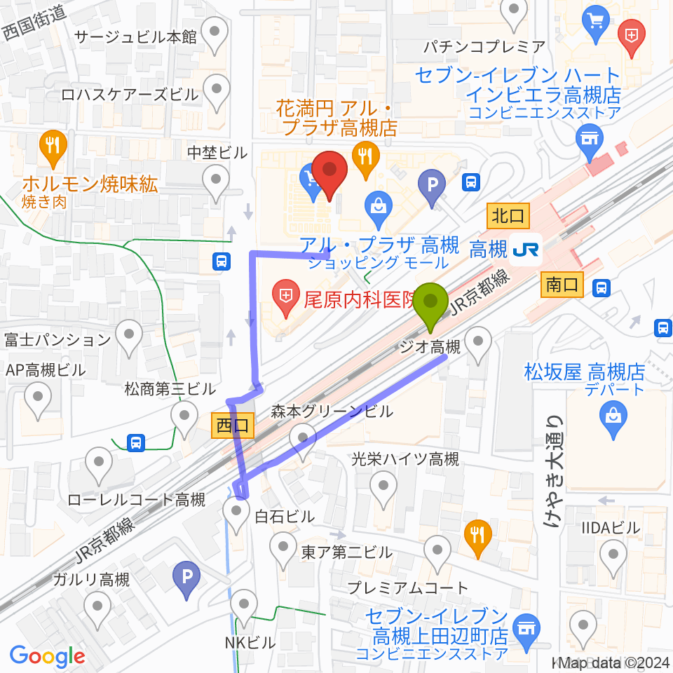 高槻アレックスシネマの最寄駅高槻駅からの徒歩ルート（約2分）地図