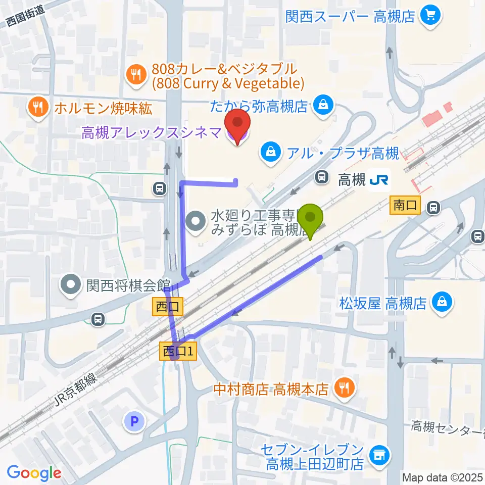 高槻アレックスシネマの最寄駅高槻駅からの徒歩ルート（約2分）地図