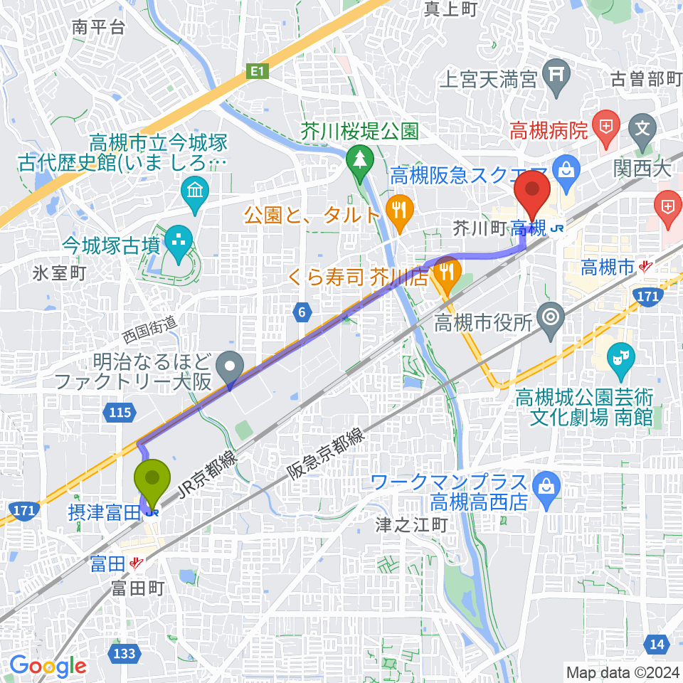 摂津富田駅から高槻アレックスシネマへのルートマップ地図