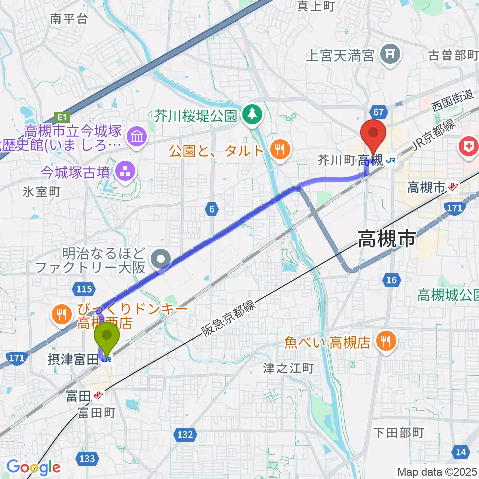 摂津富田駅から高槻アレックスシネマへのルートマップ地図