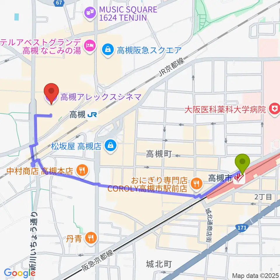 高槻市駅から高槻アレックスシネマへのルートマップ地図