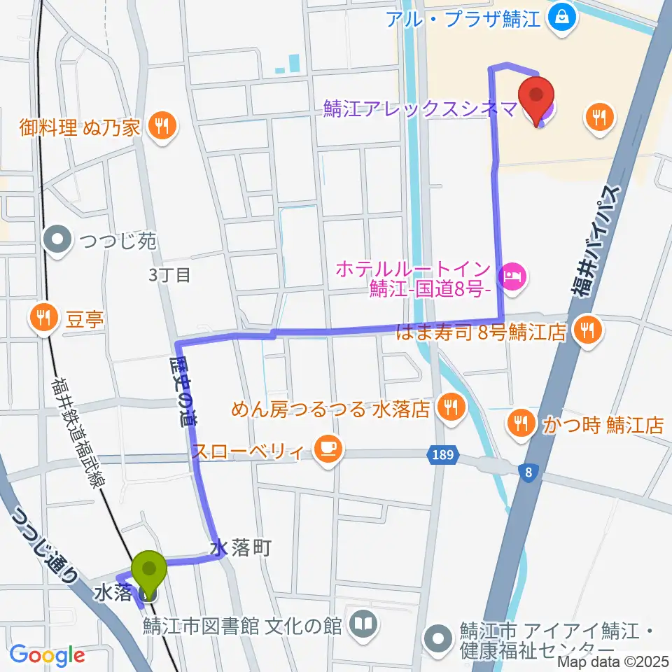水落駅から鯖江アレックスシネマへのルートマップ地図