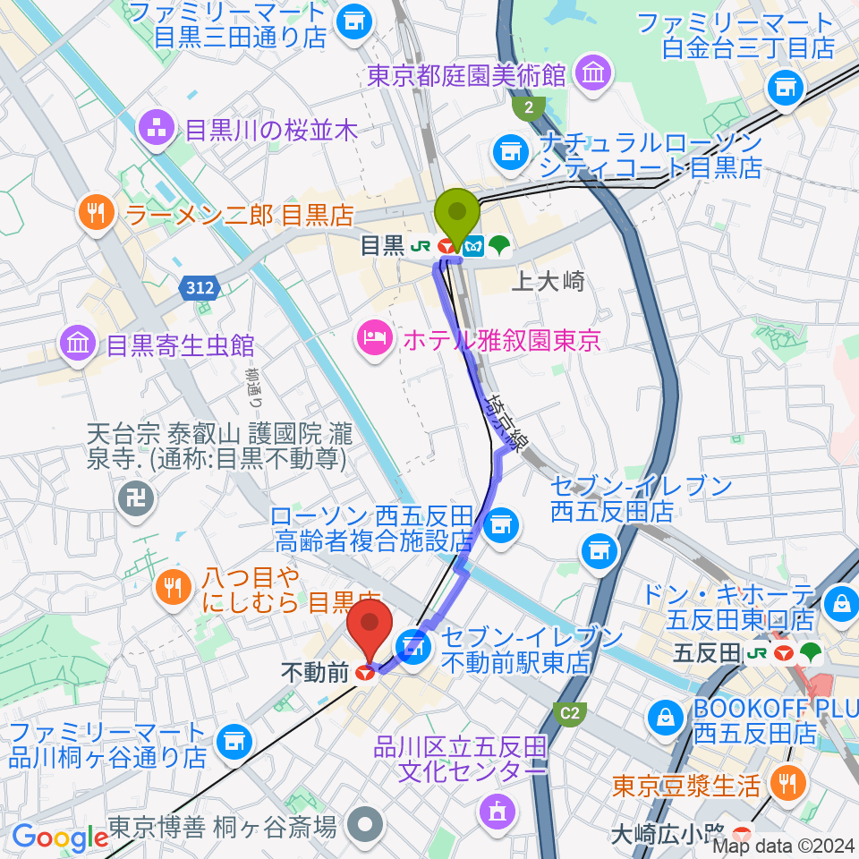 目黒駅からピアノスタジオノア 目黒不動前店へのルートマップ地図