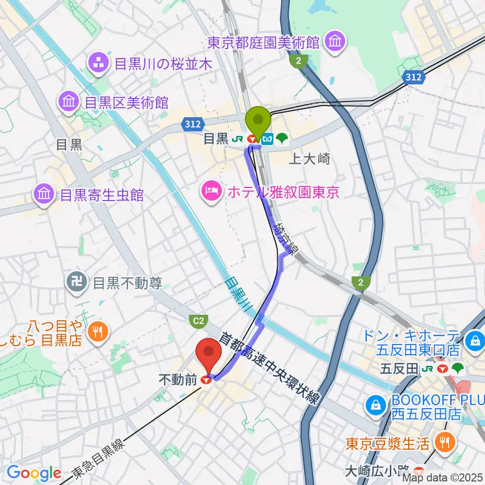 目黒駅からピアノスタジオノア 目黒不動前店へのルートマップ地図