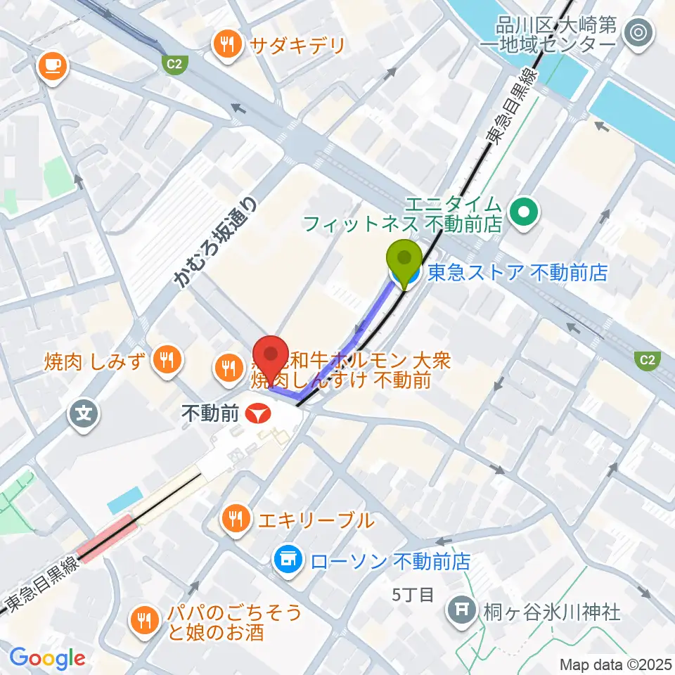 ピアノスタジオノア 目黒不動前店の最寄駅不動前駅からの徒歩ルート（約2分）地図