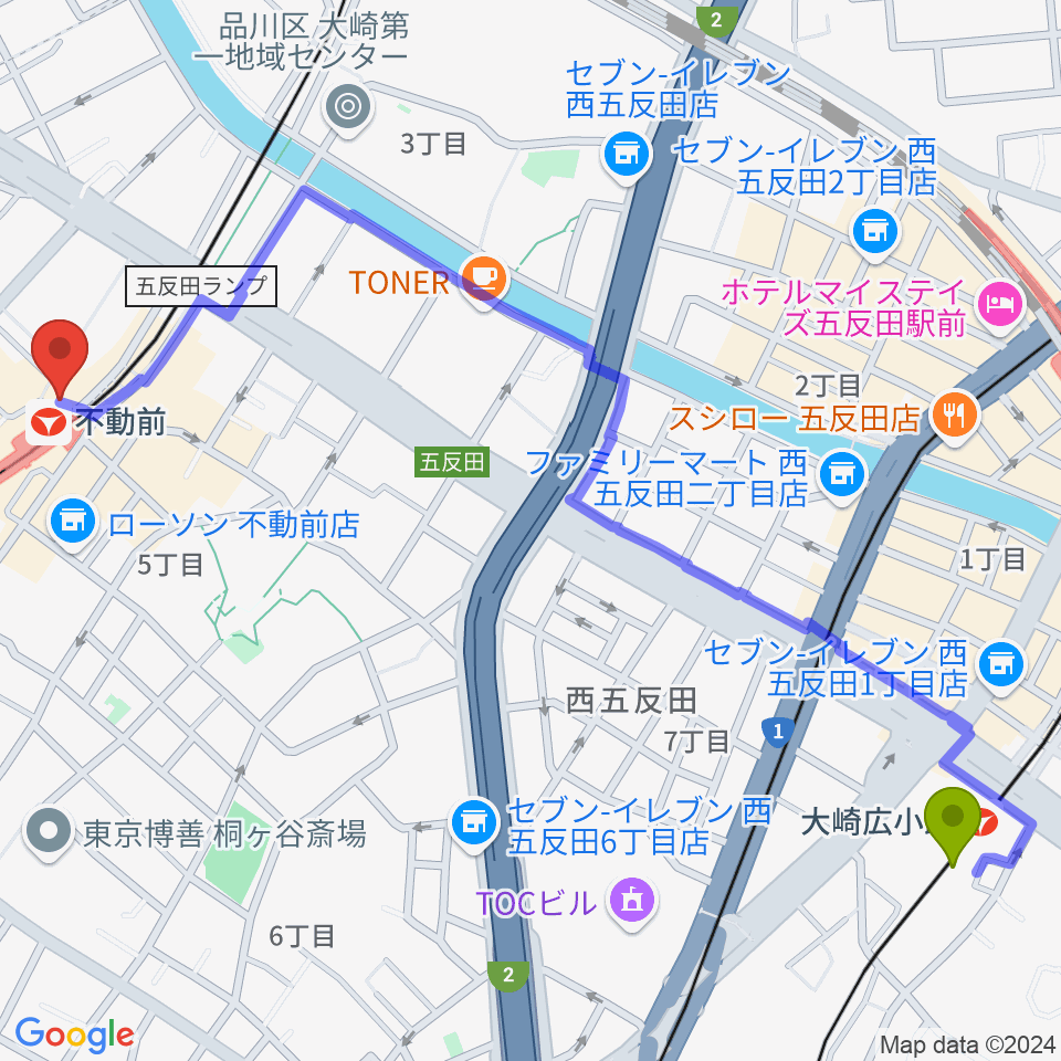 大崎広小路駅からピアノスタジオノア 目黒不動前店へのルートマップ地図