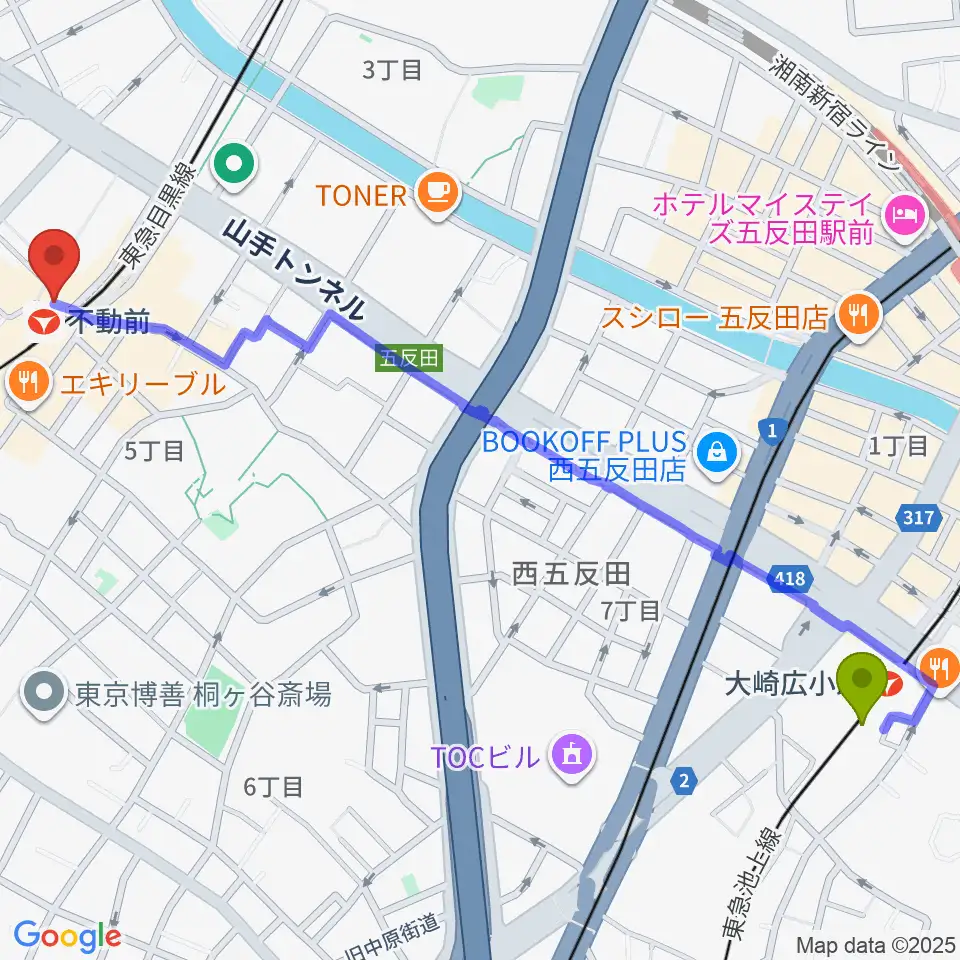 大崎広小路駅からピアノスタジオノア 目黒不動前店へのルートマップ地図
