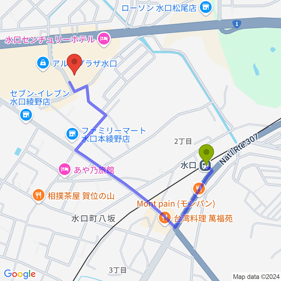 水口アレックスシネマの最寄駅水口駅からの徒歩ルート（約9分）地図