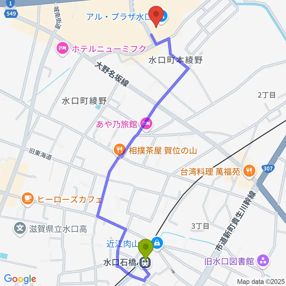 水口石橋駅から水口アレックスシネマへのルートマップ地図