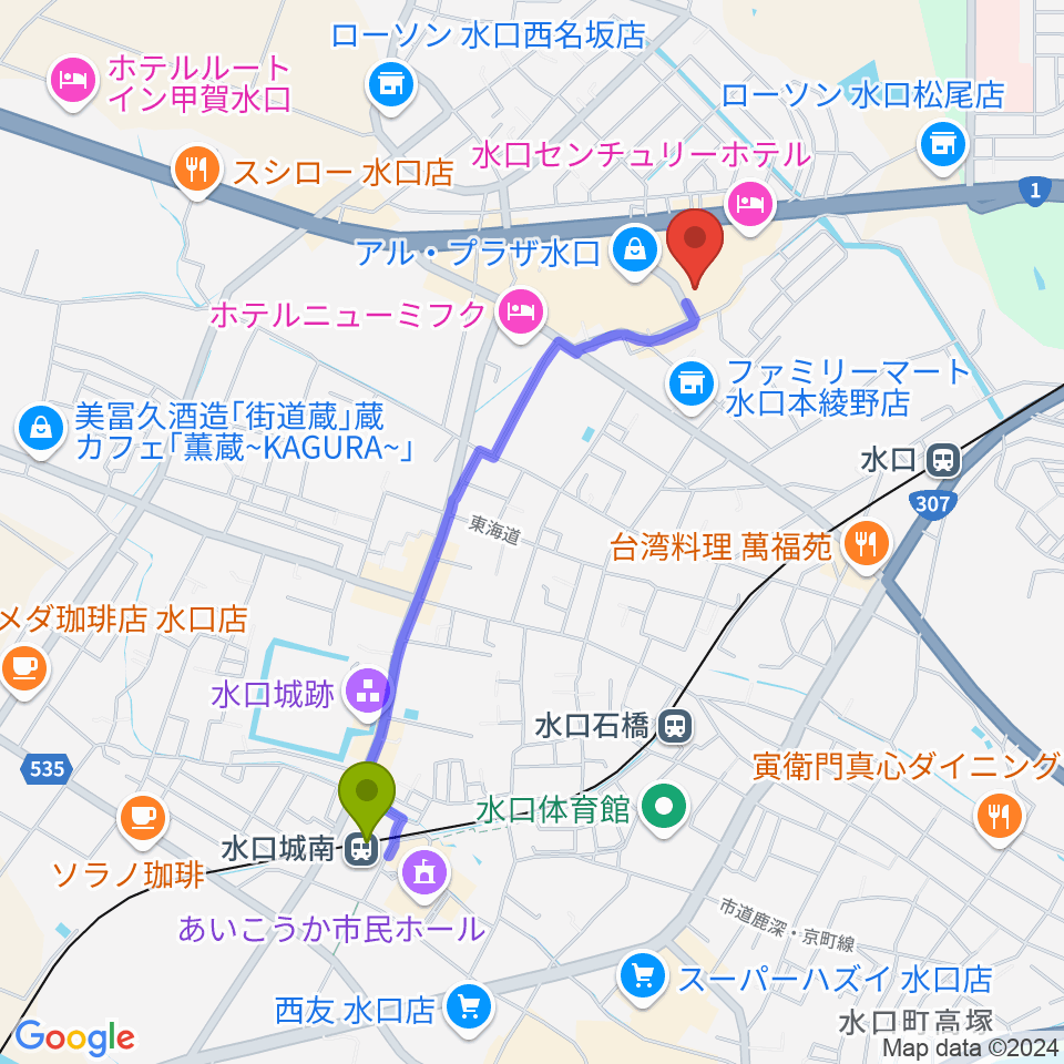 水口城南駅から水口アレックスシネマへのルートマップ地図