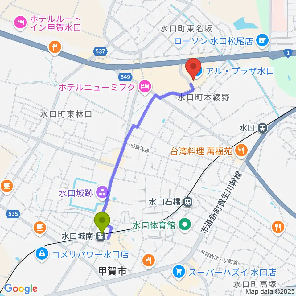 水口城南駅から水口アレックスシネマへのルートマップ地図