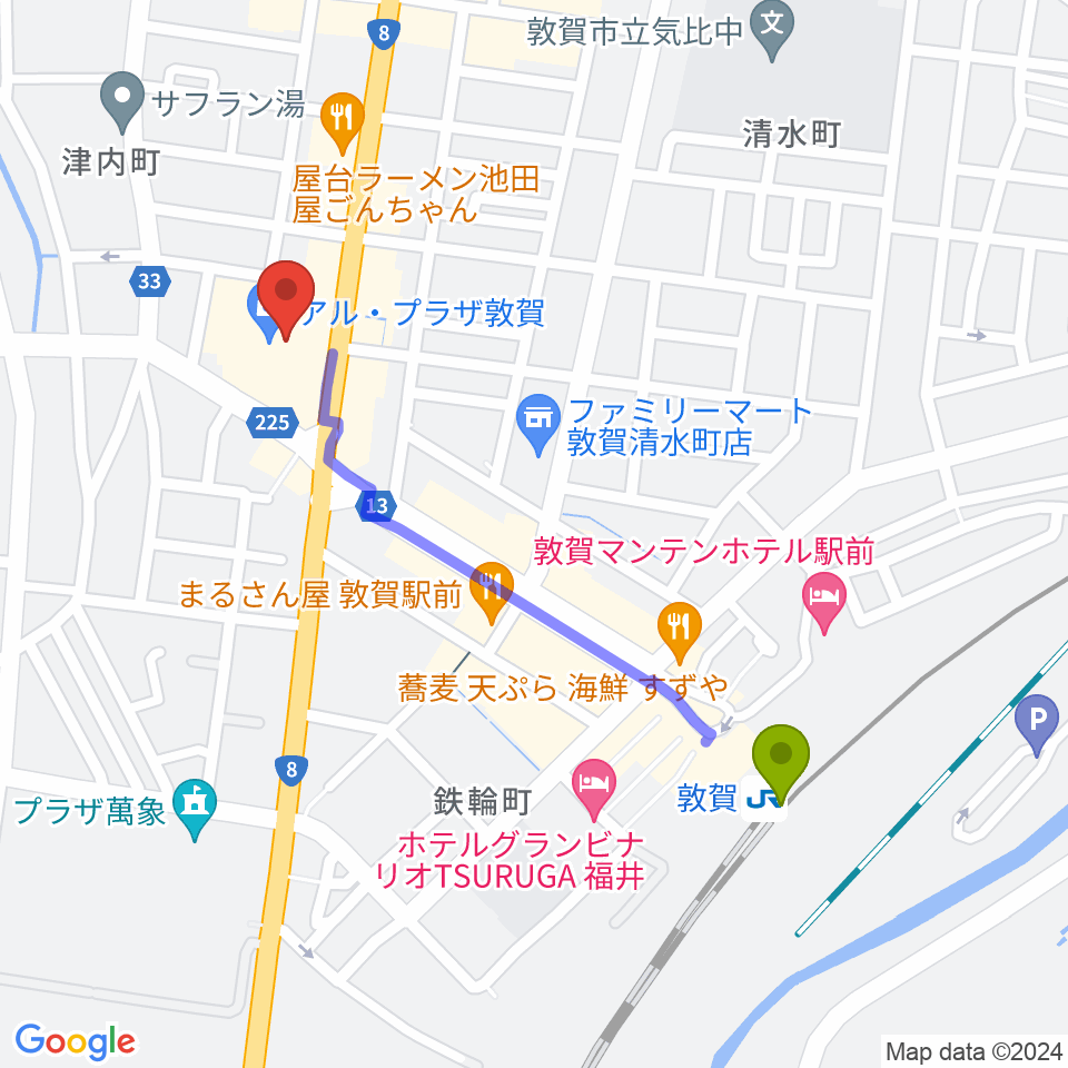 敦賀アレックスシネマの最寄駅敦賀駅からの徒歩ルート（約10分）地図