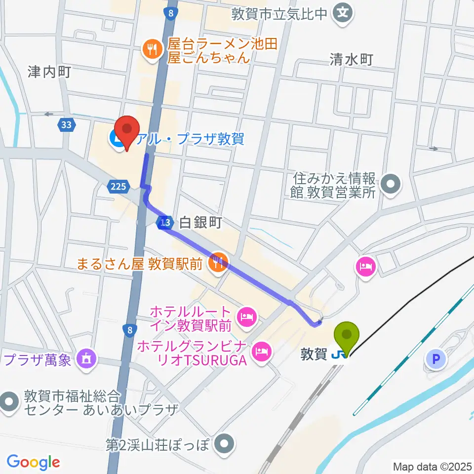 敦賀アレックスシネマの最寄駅敦賀駅からの徒歩ルート（約10分）地図