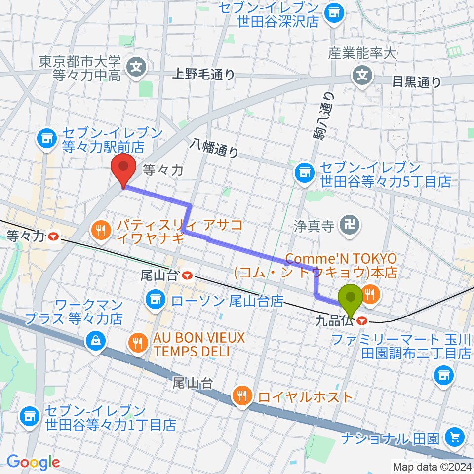 九品仏駅からベースショップ高崎へのルートマップ地図