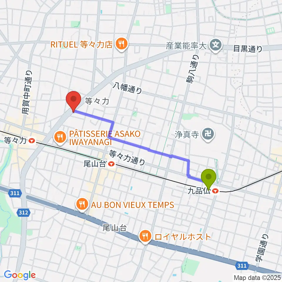 九品仏駅からベースショップ高崎へのルートマップ地図