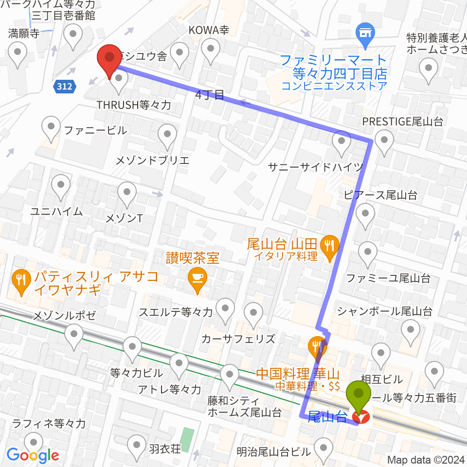 尾山台駅からベースショップ高崎へのルートマップ地図