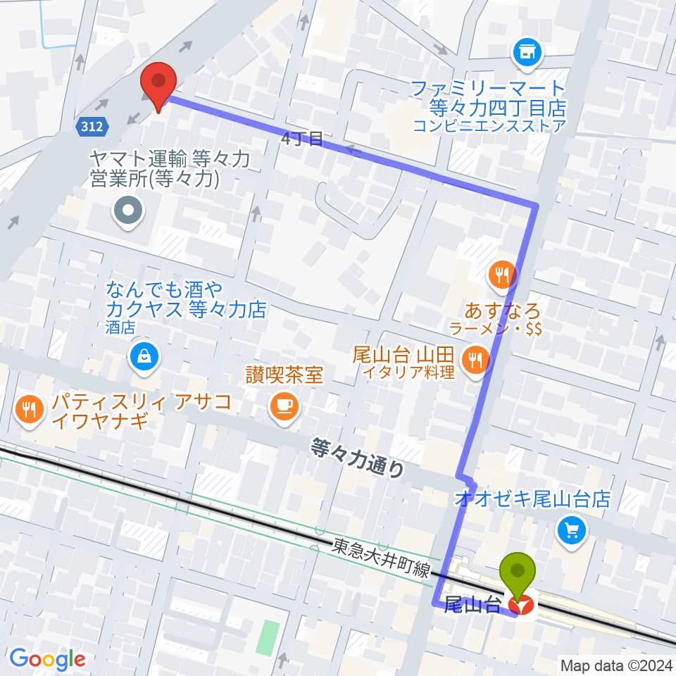 尾山台駅からベースショップ高崎へのルートマップ地図