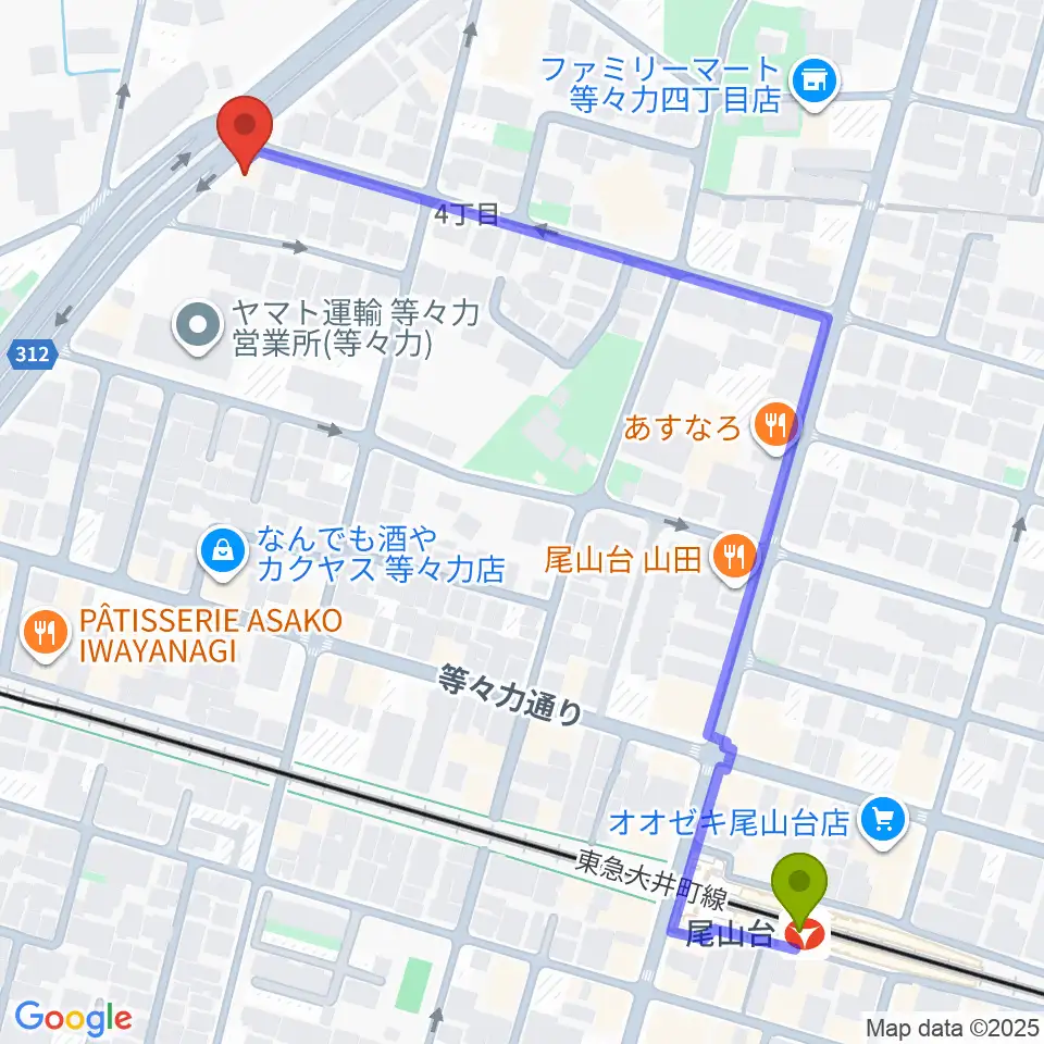 尾山台駅からベースショップ高崎へのルートマップ地図