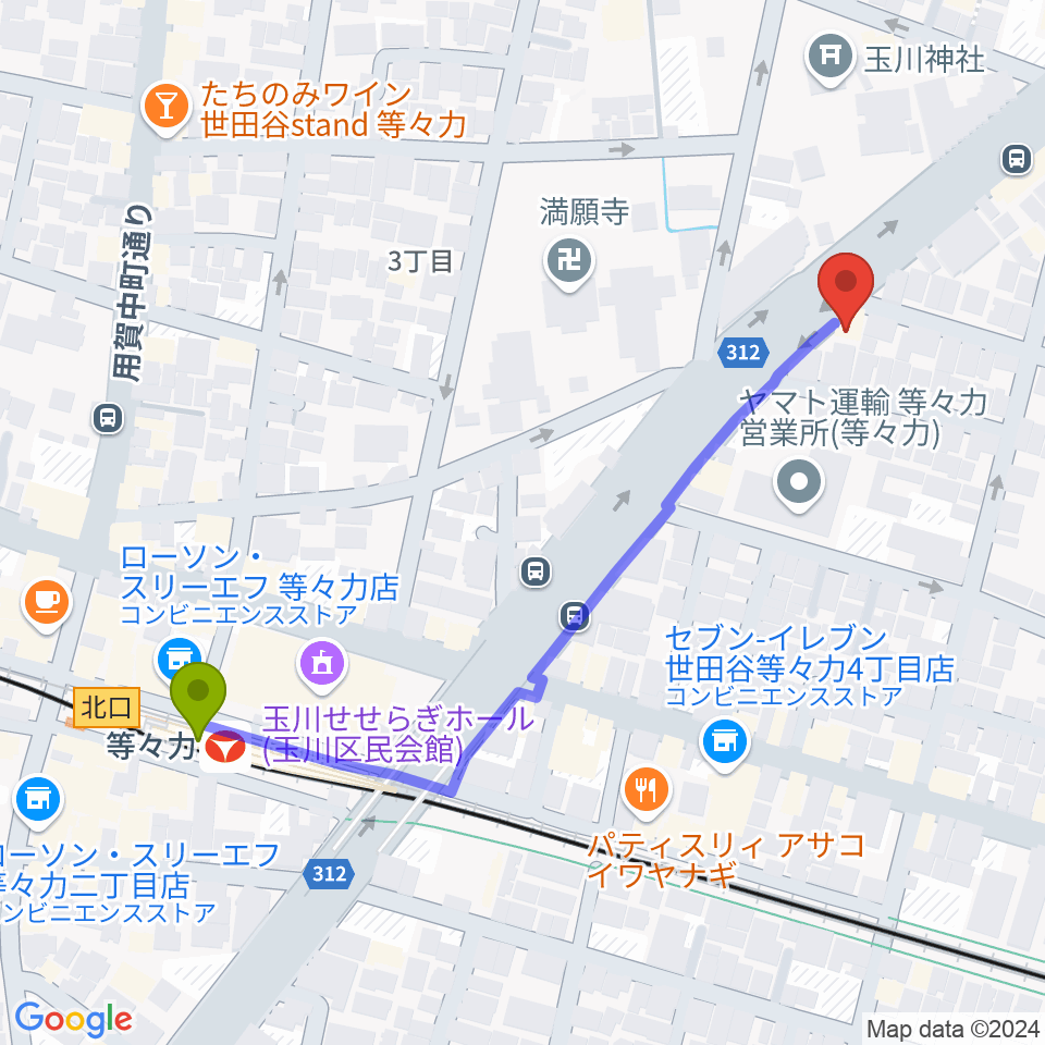 ベースショップ高崎の最寄駅等々力駅からの徒歩ルート（約6分）地図