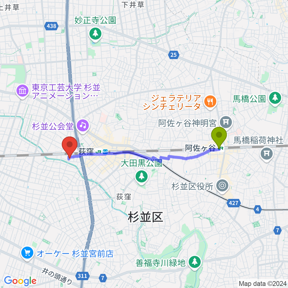 阿佐ケ谷駅から鶴屋弓弦店へのルートマップ地図