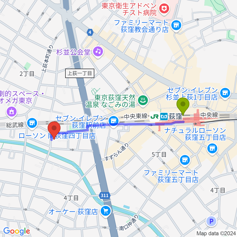 鶴屋弓弦店の最寄駅荻窪駅からの徒歩ルート（約9分）地図