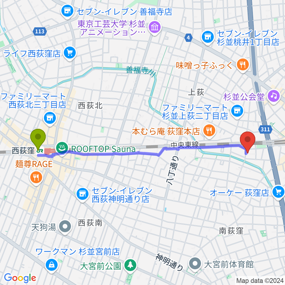 西荻窪駅から鶴屋弓弦店へのルートマップ地図