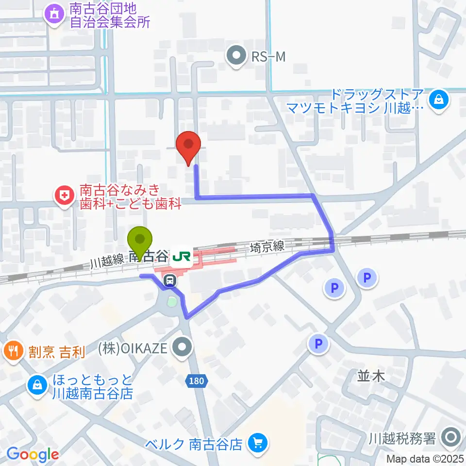 鶴屋弓弦堂の最寄駅南古谷駅からの徒歩ルート（約2分）地図