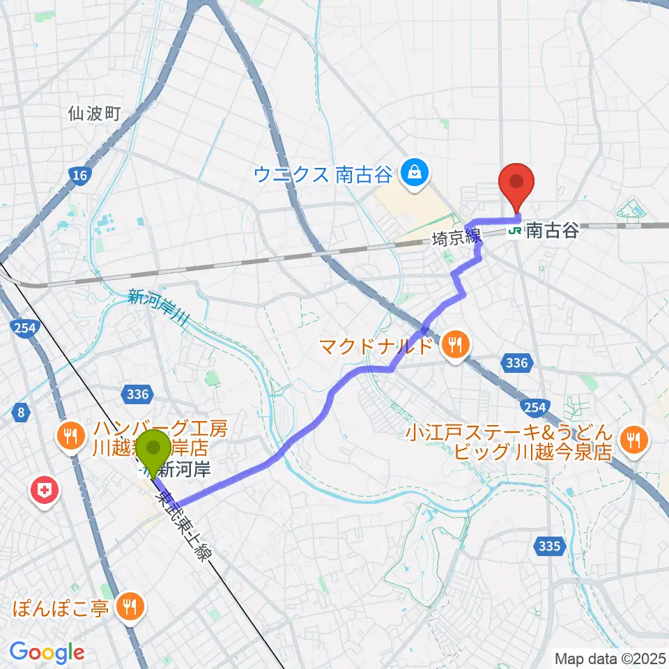 新河岸駅から鶴屋弓弦堂へのルートマップ地図
