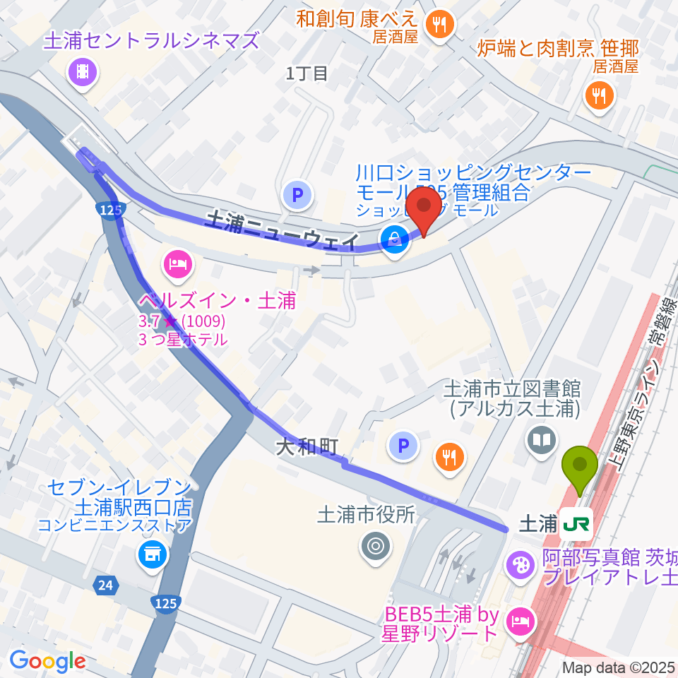 LINER NOTESの最寄駅土浦駅からの徒歩ルート（約3分）地図