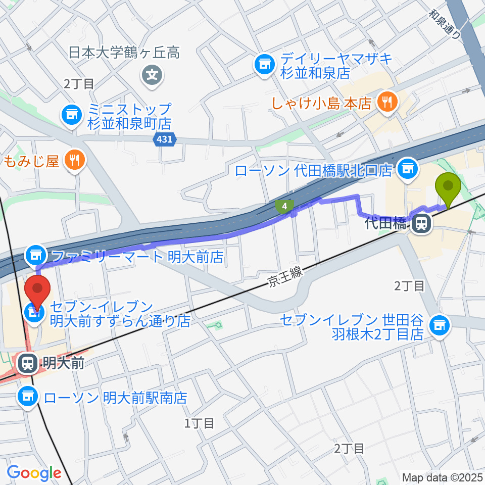 代田橋駅からハナムラ楽器へのルートマップ地図