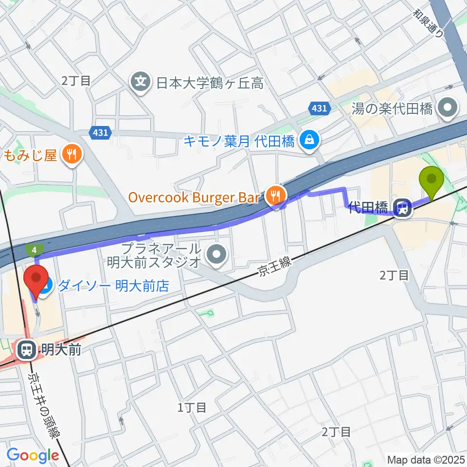 代田橋駅からハナムラ楽器へのルートマップ地図