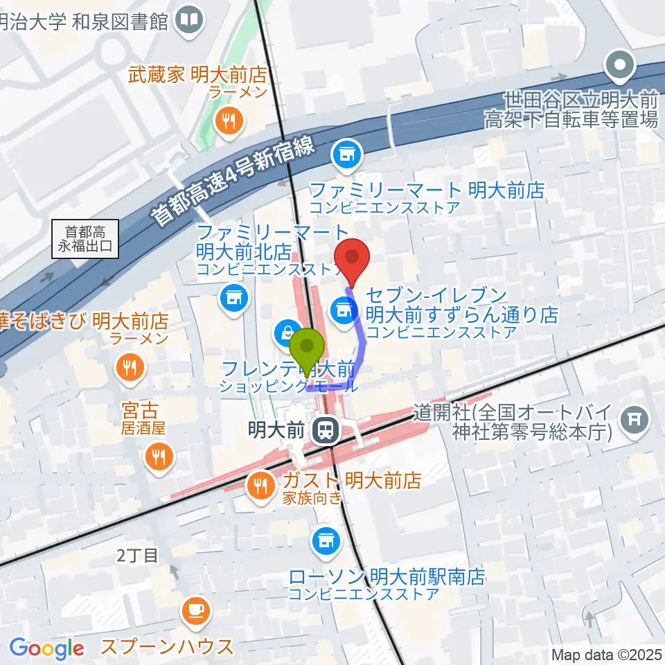 ハナムラ楽器の最寄駅明大前駅からの徒歩ルート（約1分）地図
